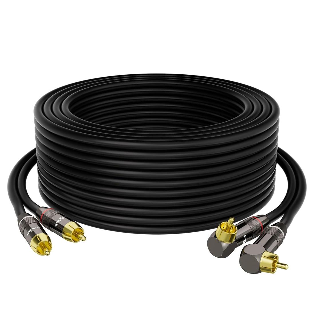 RCA Cable 10 FT, 90 Degree Right Angle 2RCA to 2RCA Stereo Audio Cable, Zinc Alloy Shell, Gold-Plated Plug, 2 RCA Audio Cord, for Home Theater, Subwoofer, HDTV, Amplifier, Hi-Fi System, Car, Speaker