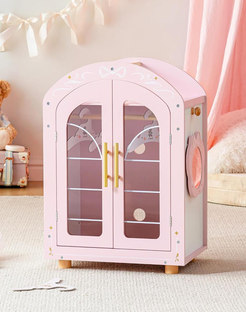 ROBUD Wooden Baby Doll Closet, Doll Wardrobe Closet for 18 Inch Dolls with Mirror, 3 Hangers, Pink Ballet Style Baby Doll Furniture, Doll Pack and Play Gift for Boys & Girls 3+ Years