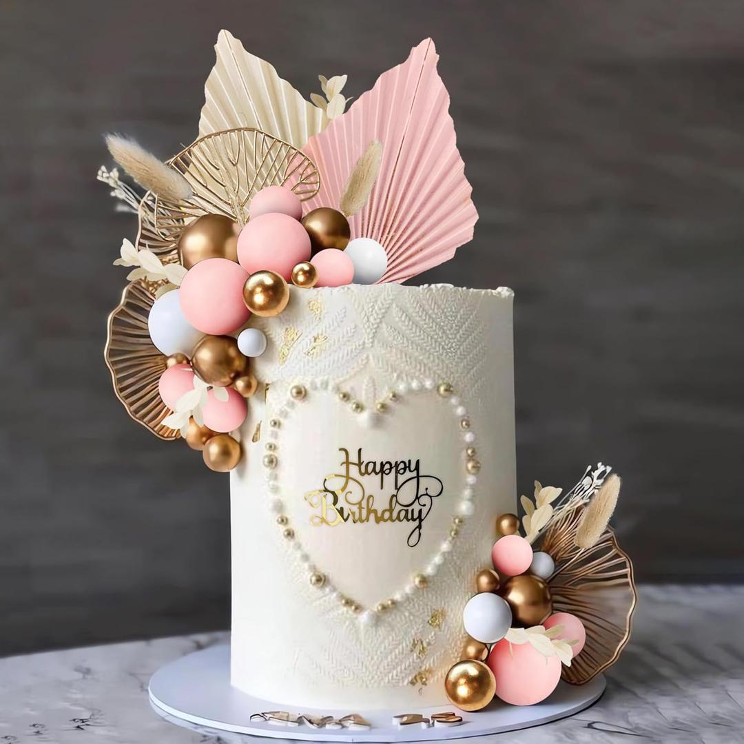 Boho Cake Topper Golden Ginkgo Leaves Cake Decorations with Paper fans White Gold Balls for Wedding Woman Birthday (Pink)