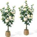 45" H Artificial Camellia Tree 2 Pack - Woven Planter with 28 Flowers,Faux Plant for Office Decor & Indoor Outdoor Home Wedding Decor(White)