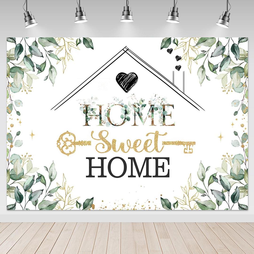 Mocsicka Housewarming Backdrop 7x5ft Home Sweet Home Greenery Eucalyptus Leaves Party Decorations Banner House Key New House Party Decor Photography Background
