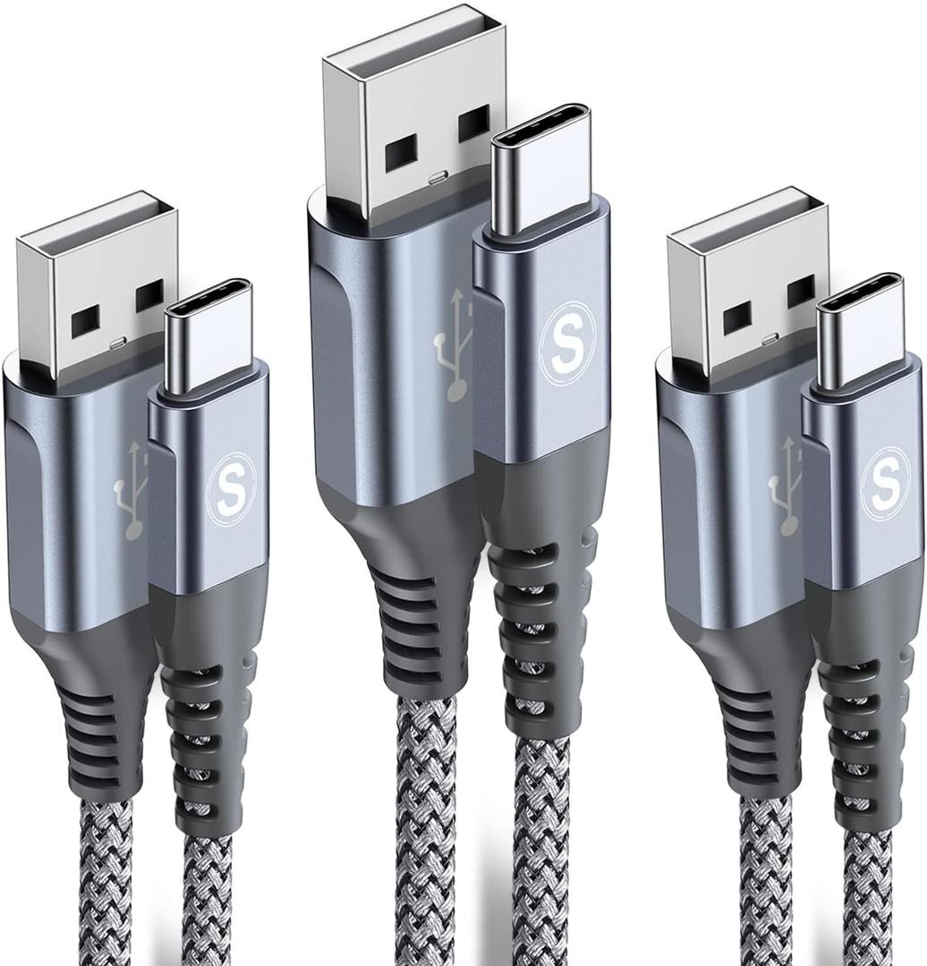 sweguard USB Type C Charger Cable [3-Pack,10ft+6.6ft+3.3ft] iPhone 15 Charger Nylon Braided Cord for iPhone 15 Pro Max Samsung Galaxy S23 S22 S21 S20 S10 S9 Note 20 10 Flip A53 A54 Pixel LG Moto PS5 (Grey)