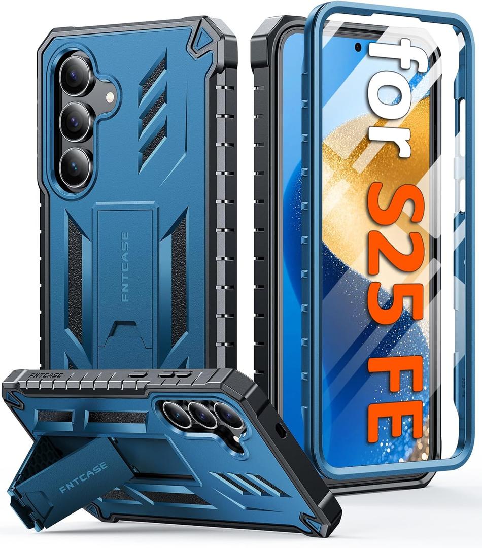 FNTCASE for Samsung Galaxy S25-FE Case: with [Built-in Screen Protector & Kickstand] [Military-Grade Drop Protection] Heavy Duty Protective Full Body Shockproof Rugged Sturdy TPU Phone Cover Blue