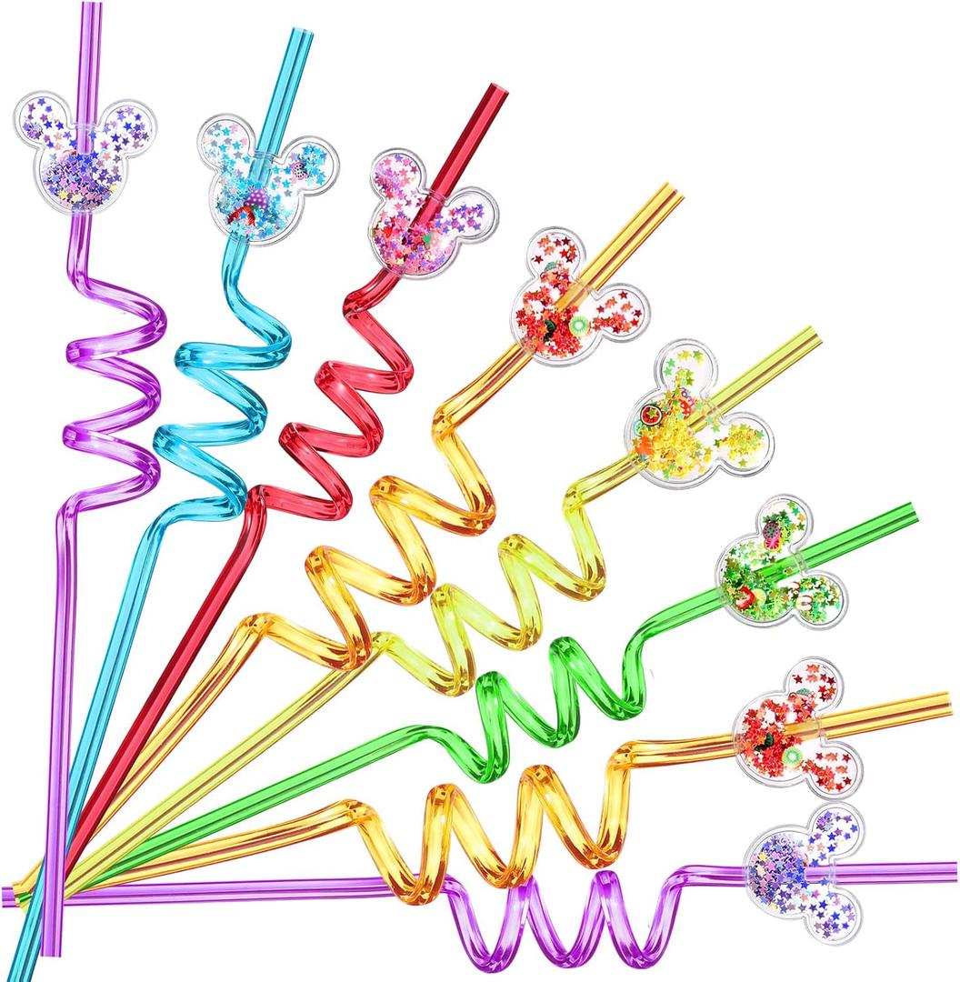 24 Glitter Mouse Ear Party Favors Reusable Drinking Straws 6 Designs Great for Theme Birthday Oh Twodles Theme Party Supplies with 2 Cleaning Brushes