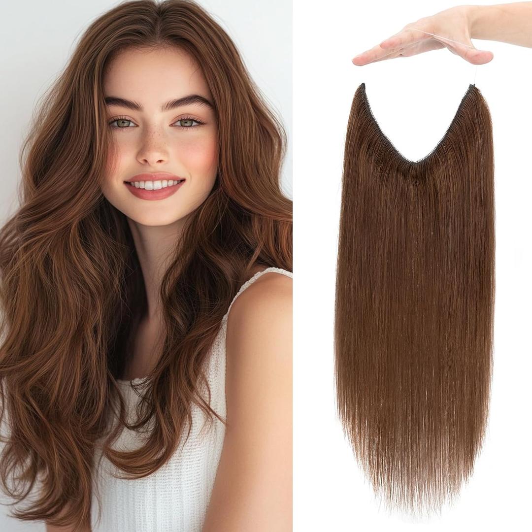 Halo Hair Extensions Real Human Hair Invisible Wire Extensions with Transparent Fish Line Adjustable Size Medium Brown 16 inch