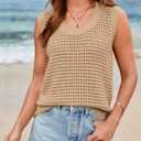Saodimallsu Womens Summer Crochet Cover Up Sleeveless Scoop Neck Mesh Knit Beach Vacation Sweater Vest Khaki (Brown)