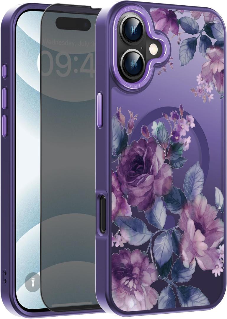 FUNMIKO for iPhone 16 Plus Case with Privacy Screen Protector, Wireless Charging Compatible, Shockproof Translucent Matte Cover - Cute Floral Design Phone Case for Women Girls - Purple Blossoms