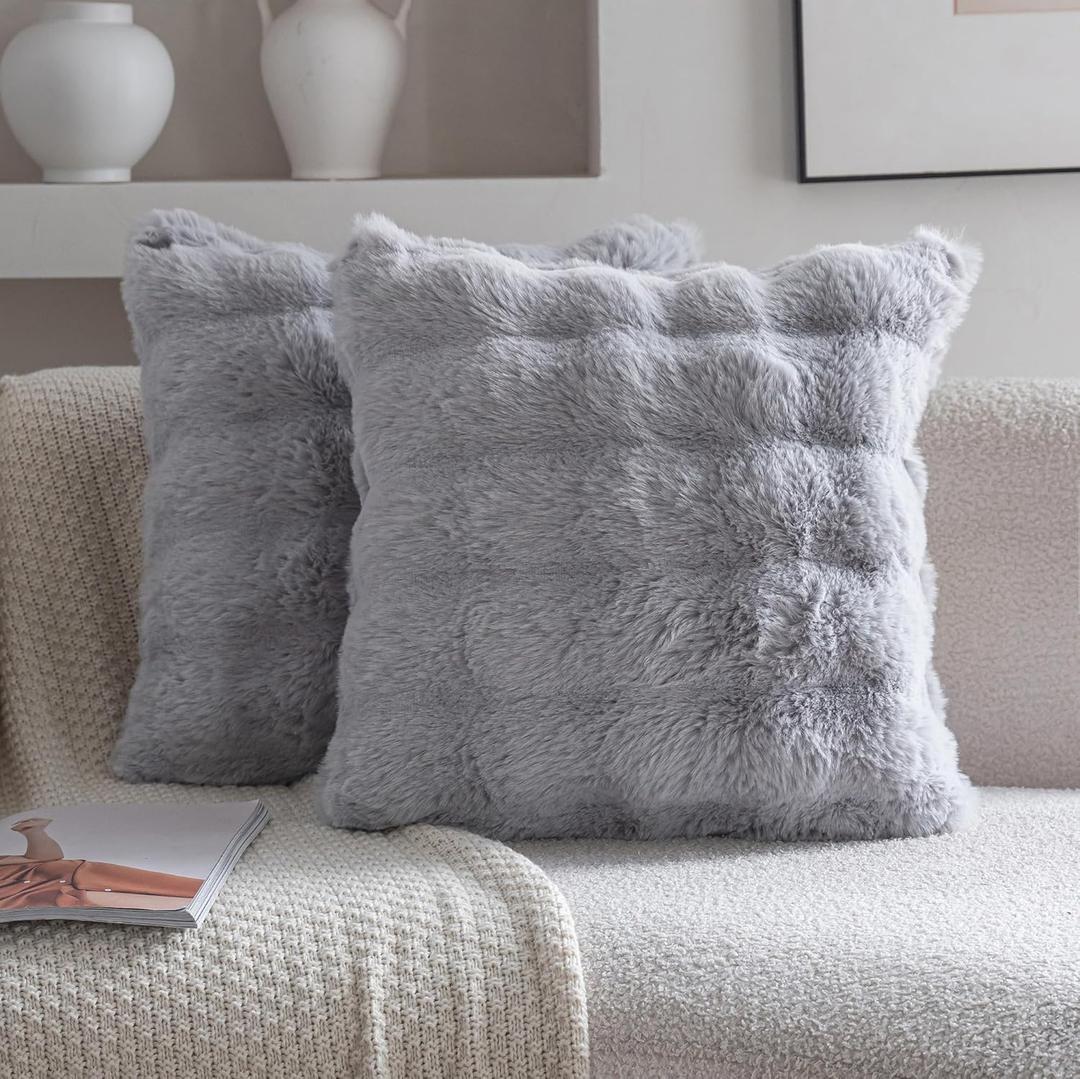 Neelvin Gray Faux Fur Cozy Soft Double-Sided Decorative Throw Pillow Covers 20x20 inch Set of 2,Velvet Pillowcase Cushion Case for Sofa Couch (Lightgrey)