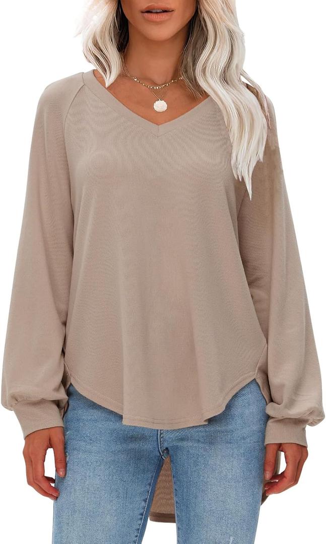 EXLURA Womens Fall Oversized V Neck Tunic Tops 2025 Casual Long Sleeve Shirts Lightweight Soft Sweater Curved Hem T Shirts (Beige, S) EXLURA Womens Fall Oversized V Neck Tunic Tops 2025 Casual Long Sleeve Shirts Lightweight Soft Sweater Curved Hem T Shirts (Beige, S)