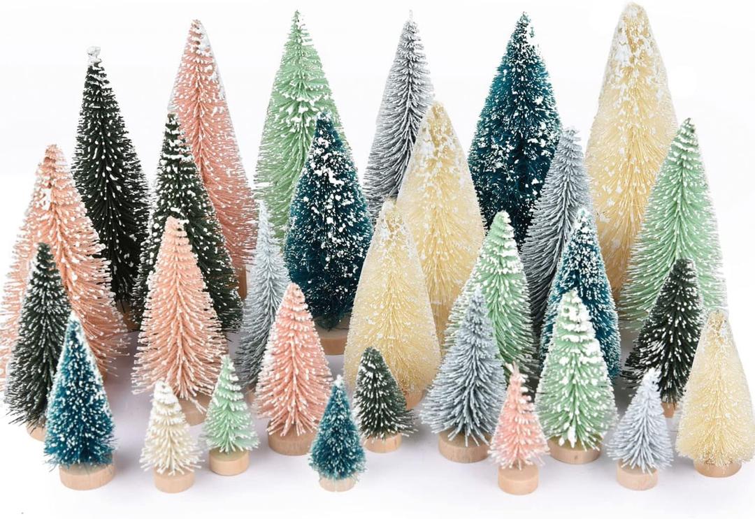 Lvydec 30 Pack Artificial Mini Christmas Trees Decoration Clearance, Colorful Mini Pine Tree with Wood Base Bottle Brush Trees for Christmas Decor