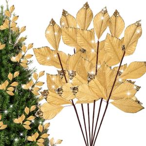 6 Pcs Christmas Artificial Velvet Glitter Magnolia Leaf Glittered Spray Picks 20" Fake Floral Leaf Branches Xmas Decoration for Christmas Tree DIY Crafts Gift Home Garden Decor(Gold)