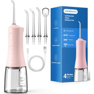 Operan 300ml Cordless Water Dental Flosser, Portable Water Flossers for Teeth, 4 Pulse Modes IPX7 Waterproof Oral Irrigator with 4 Tips, 21 Days Runtime for Travel, Home, Braces, Gum Care, Pink+1Pack