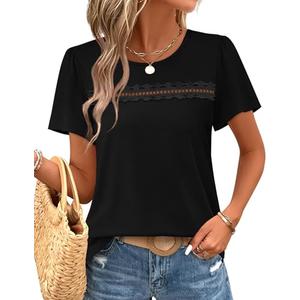 Womens Tops Trendy Boho Black Blouses for Women Dressy Casual Short Sleeve Shirts for Women Summer Outfits 2026 Beach Vacation Clothes with Lace Cute Travel XL
