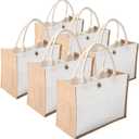 Kaxilu Jute Beach Tote Set of 6 - 14.5 * 10.7 * 6.5 Burlap Bags With Button and Handle for Travel, Grocery, Bridesmaid, Wedding, Shopping, Arts and Crafts, DIY