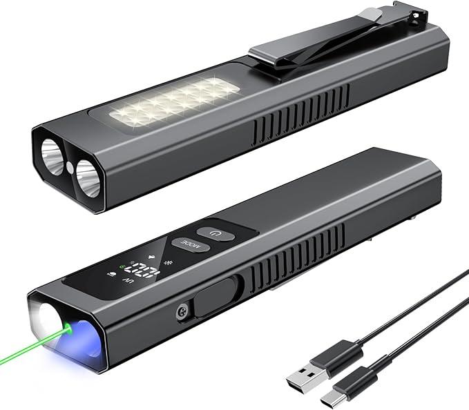 EDC Flashlight 4 in1 Magnetic Flashlight High Lumens Work Light with Green Beam & UV & Warning Light Combo EDC Flashlight Rechargeable LT-010 (Black)