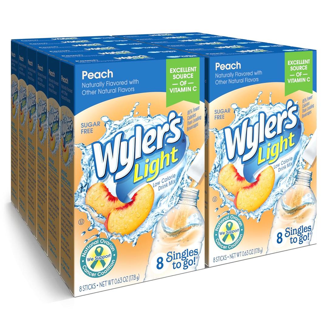 Wylers Light Singles-To-Go Sugar Free Drink Mix, Peach, 8 CT Per Box (Pack of 12) (EXP 11/01/28)