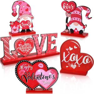 Valentine’s Day 5PCS Wooden Table Decorations Set - Romantic Gnome Figurines & LOVE Heart Signs Desktop Ornaments for Home Kitchen Office Valentine’s Day Party Romantic Decor Gifts