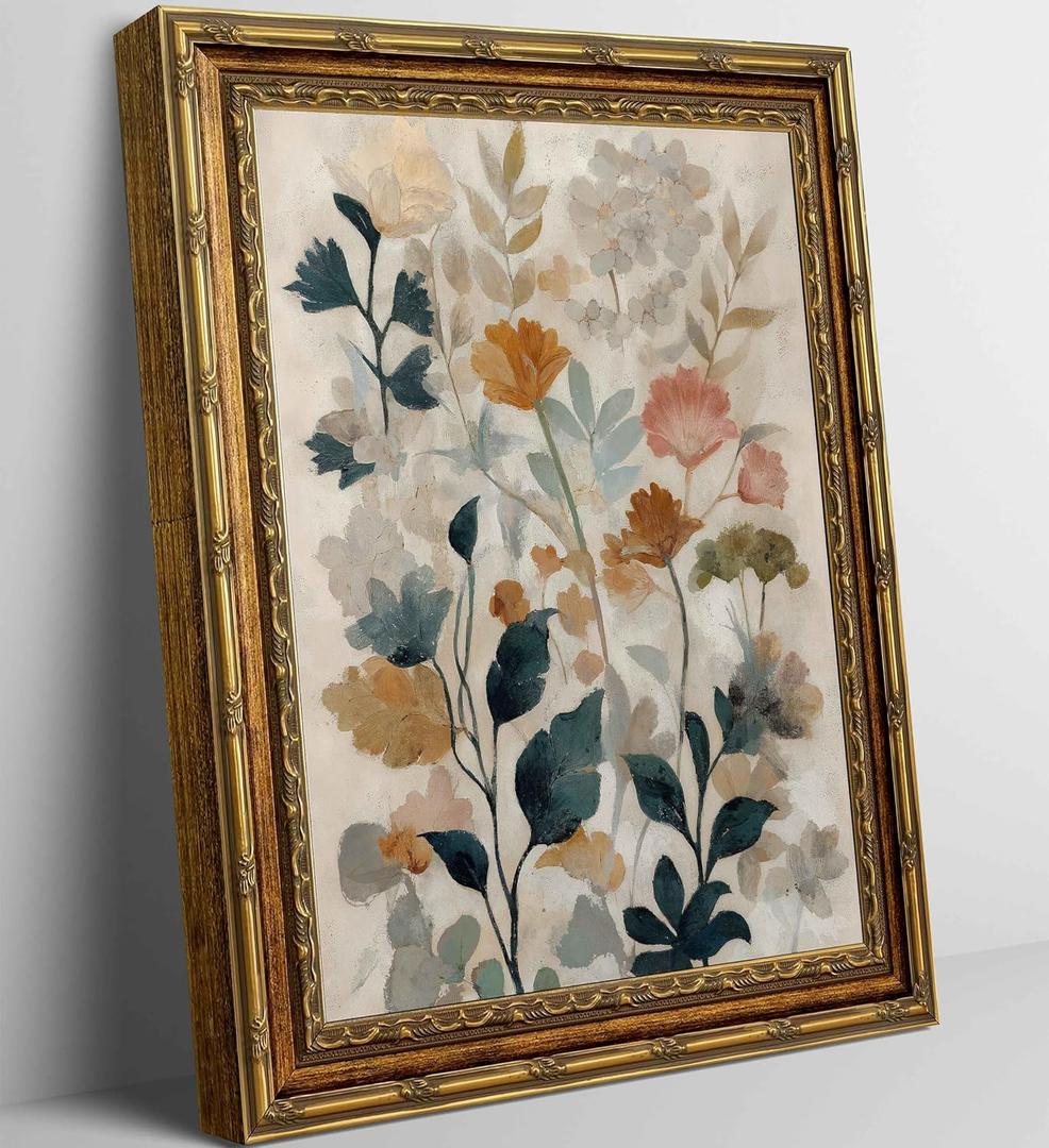 Gold Framed Beige Floral Canvas Wall Art Vintage Country Botanical Earth Tone Flower painting Decor Pictures Boho Plant Bedroom Living Posters Prints for Corridor Classroom Kitchen Room Decoration