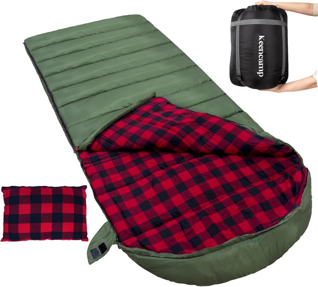 Keencamp 0 Degree Sleeping Bag Cotton Flannel Winter Cold Weather for Adults XXL Sleeping Bag 4 Season Big and Tall with Pillow Compression Sack, 90.55 x 35.43"