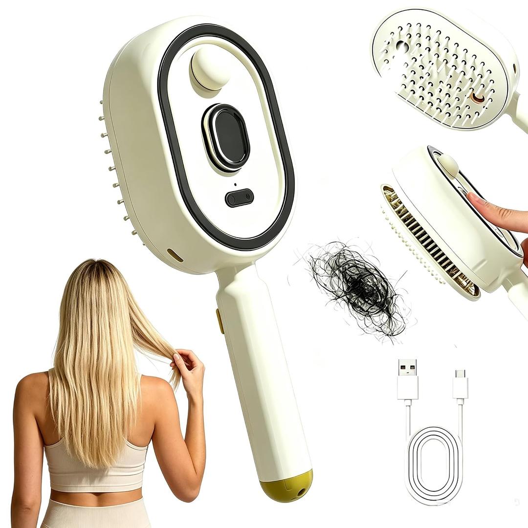 New Electric Mist Air Cushion Massage Brush, 5-in-1 Anti-Tangle Hair Comb for Dry Frizzy Hair, Self-Cleaning Shine Boost Hair Care Brush for Ladies (Beige)