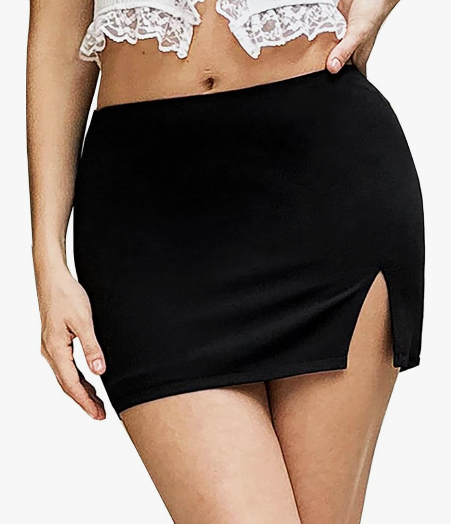 Women's Black Mini Skirts Elastic High Waisted High Side Slit Bodycon Short Skirts M