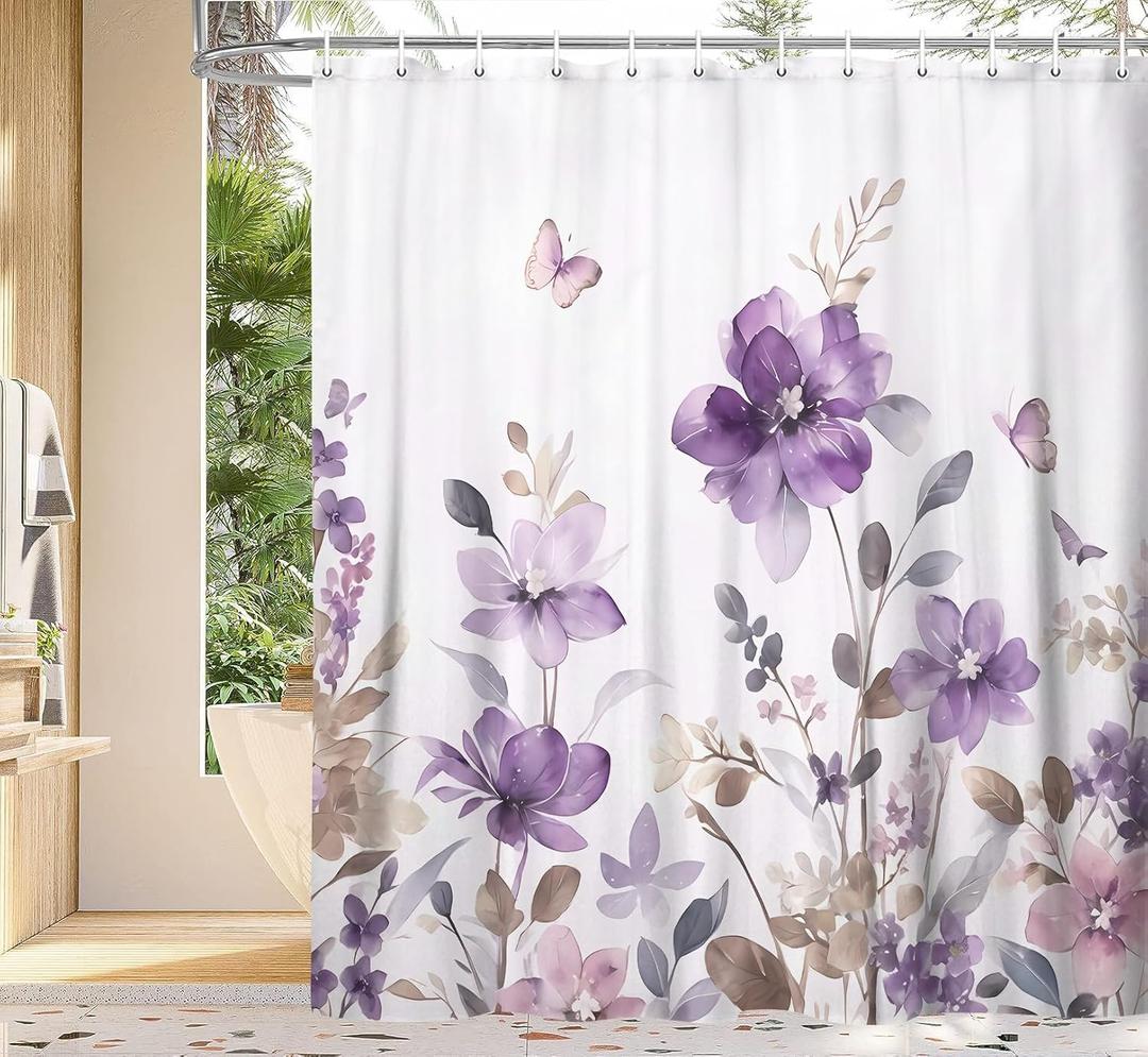 Purple Floral Shower Curtain, Purple Lavender Floral Butterfly Boho Shower Curtains for Bathroom, Farmhous Flower Cute Fabric Shower Curtain Set with 12PCS Hooks, 70X85IN