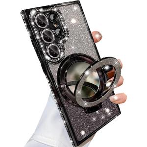 Changjia for Samsung Galaxy S26 Ultra Magnetic Kickstand Glitter Case,[Compatible with Magsafe]Cute Bling Sparkly Diamond with Camera Protector Makeup Mirror Women Girl Case for Galaxy S26 Ultra,Black