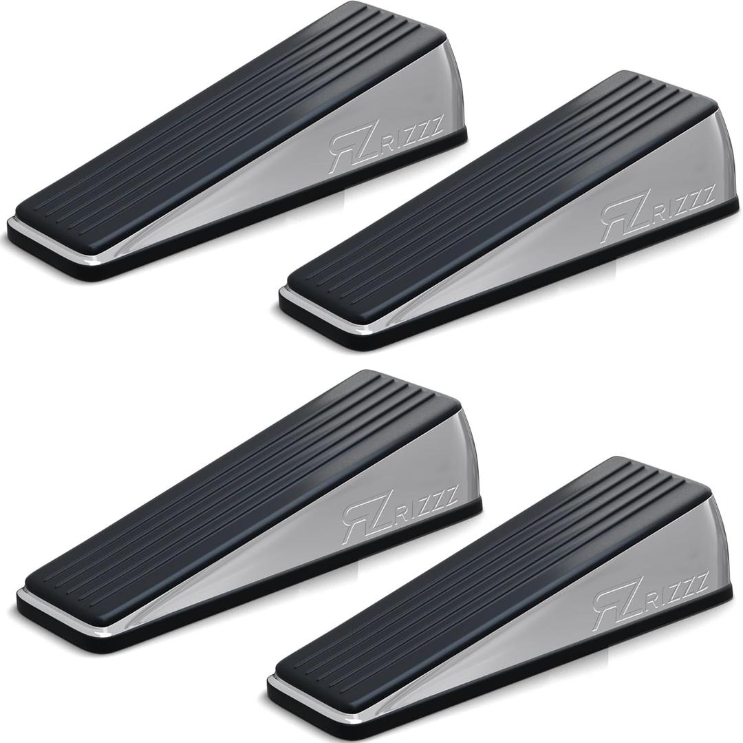 RIZZZ Heavy Duty Door Stoppers  4 Pack Zinc Alloy Door Stop Wedges with Non-Slip Rubber | Strong Metal Door Stop for Bottom of Heavy Doors