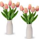 Briful 1 Packs Faux Flowers Artificial Tulips with Ceramic Vase, Poly Foam Pink Tulips Real Touch Flower Arrangement for Home Kitchen Wedding Centerpiece Decoration