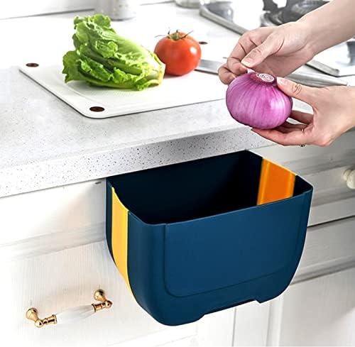 Hanging Folding Mini Trash Can for Kitchen Cabinet Door, Small Collapsible Garbage Bin Under Sink,Wall Mounted Folding Waste Bin- Mini Garbage Container for Cabinet/Bedroom/Bathroom 3L (Blue Yellow)
