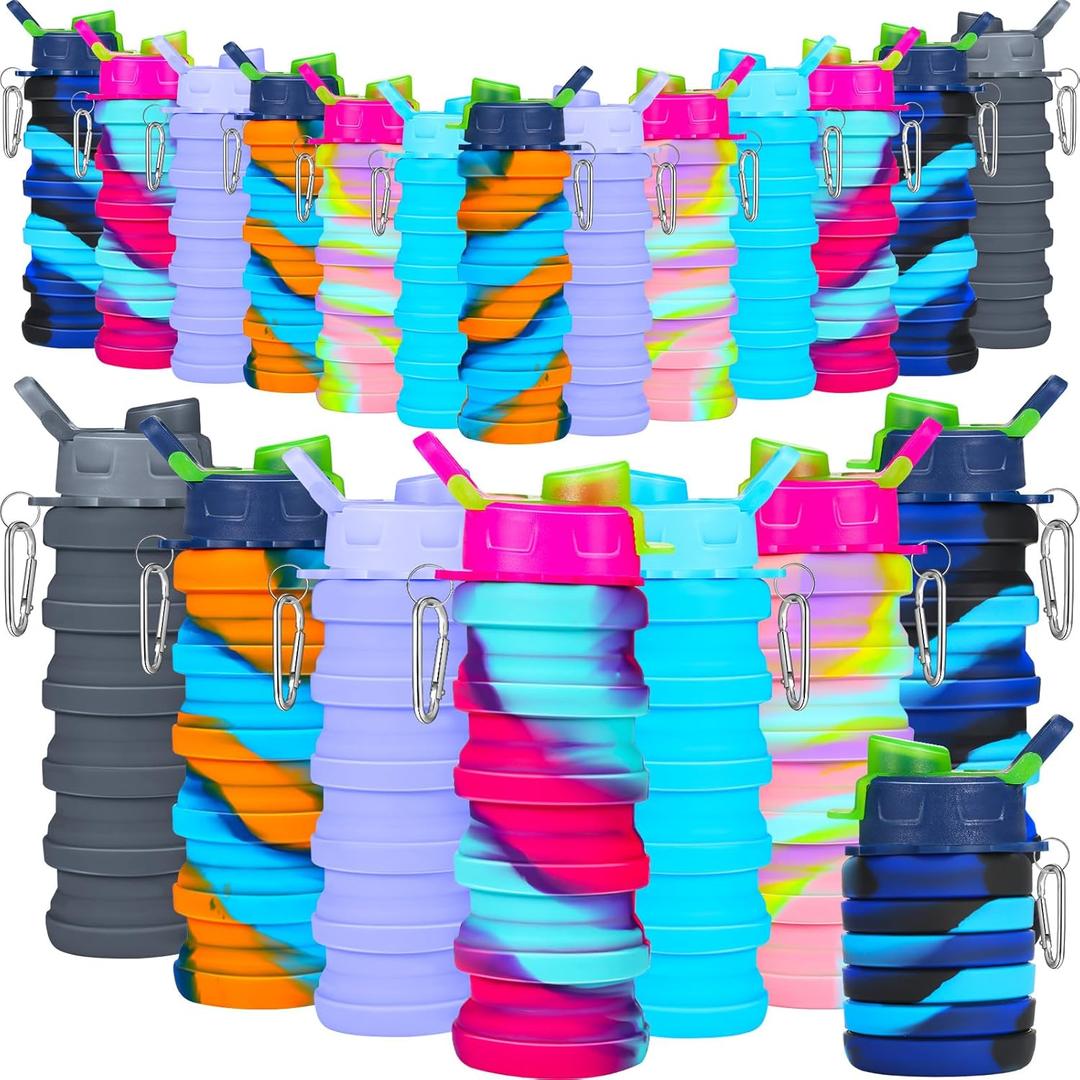 Sunnyray Collapsible Water Bottles Bulk Foldable Water Bottles 17oz Silicone Portable Leak Proof Reusable Sports with Clip for Travel Hiking Camping Outdoor (Camouflage,20 Pack)