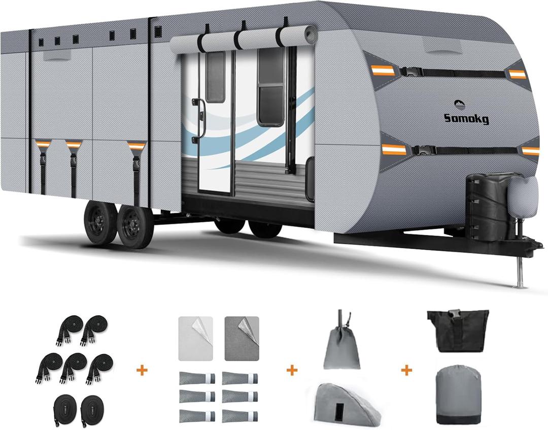 Upgrade 7 Layers RV Cover 35-38 FT, Somokg Heavy Duty Travel Trailer RV Cover, Utility Trailer Cover for Snowproof, Rip-Stop Camper Cover with 5+2 Windproof Straps & Abundant Kit