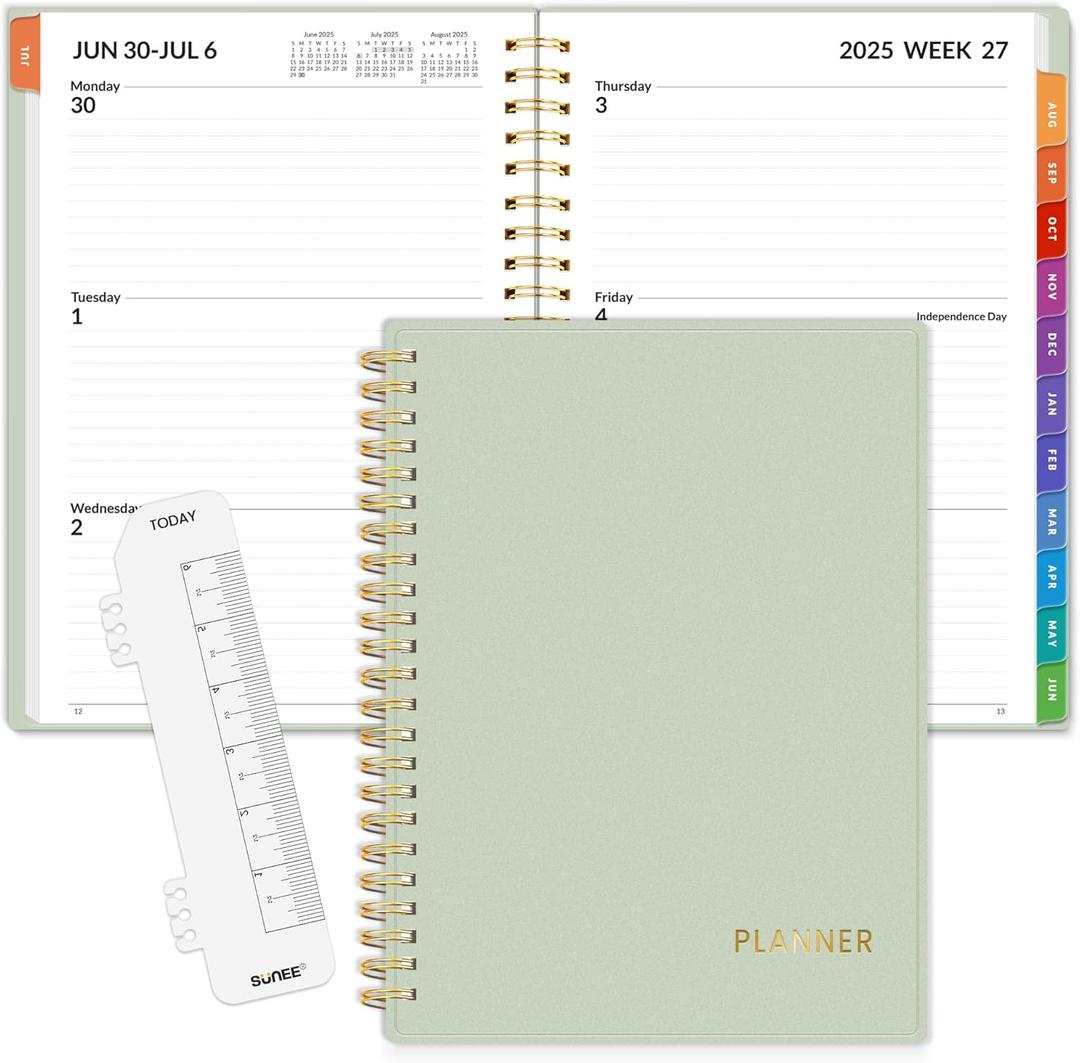 SUNEE Academic Planner 2025-2026 Weekly and Monthly, July 2025-June 2026, 6.4"x8.3", Tabs, Note Pages, Pockets, Bookmark, Flexible Cover, Spiral Binding, Sage Green