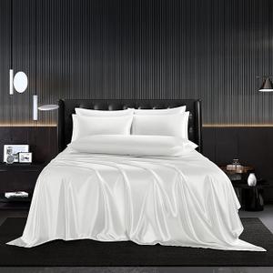 HommxJF 5Pcs White Satin Sheets Set Breathable Luxury Silky Satin Bedding Set with 1 Flat Sheet,1Deep Pocket Fitted Sheet, 3 Pillowcases