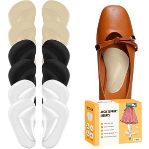 Arch Support Inserts for Women Flat Feet (12 Pieces), Soft Gel Arch Support Insoles for Plantar Fasciitis, Reusable Arch Pads for Foot Pain Relief, One Size Fits Any (Beige + Black + Clear)