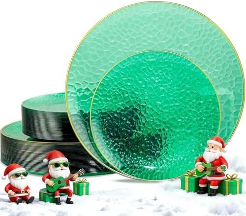 Hioasis 60pcs Green Plastic Plates - Gold Rimmed Disposable, Hammered, Heavy-duty Dinnerware Set Suitable for 30 Guests, 10.25" Dinner  Dessert Plates for Party & Wedding