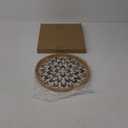 Round Rattan Tray with Mother of Pearl Inlay, Decorative Wicker Serving Tray with Wooden Base, Woven Basket Trays for Bread Fruits Coffee, Plume (Plume - 11.8 Inch)