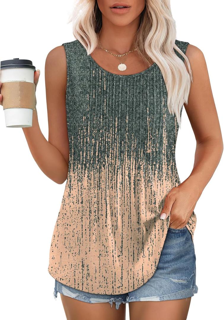 OFEEFAN Womens Tank Tops Loose Fit Dressy Casual Sleeveless Blouses Summer Outfits Round Neck Pleated Front Curved Hem (Green, S)