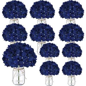 Mason Jars with Hydrangea, 10 Set Artificial Flower Table Centerpieces Glass Flowers Vases Decor for Home Wedding Farmhouse Bridal Shower Graduation Boho Decorative(Royal Blue)