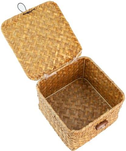 Seagrass Handmade Basket with Lid, Small Basket for Storage, Decorative Home Organizer Decor(5.5"L x 5.5"W x 4"H, Natural)