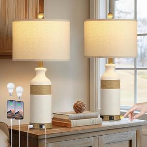 Boho Rattan Table Lamps for Bedroom Nightstand 26" Farmhouse Bedside lamp Set of 2 with USB C+A Ports & AC Outlet,3-Way Dimmable Touch Control Vintage Lamps for Living Room(Include Bulbs)
