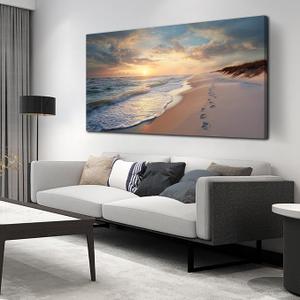 Shoci Ocean Beach Wall Art - Large Natural Framed Canvas Wall Art Landscape for Living Room Sunset Beach Waves Nature Picture Prints Blue Seascape Artwork Bedroom Home Office Decor 29" X 58"