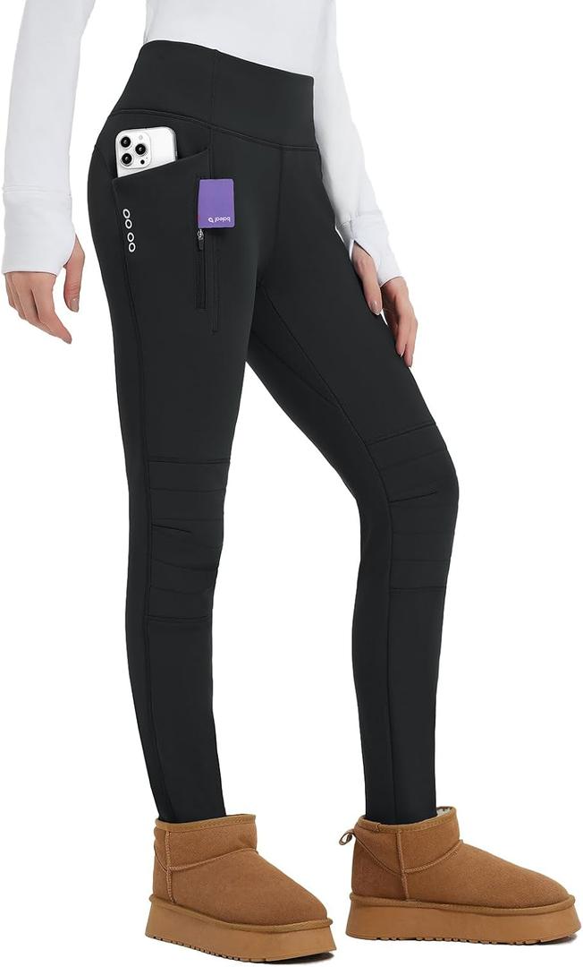 baleaf Thick Leggings for Women Water Resistant Snow Pants Fleece Lined Leggings Winter Ski Hiking Pants with Zip Pockets, Large