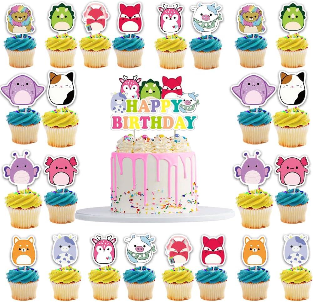 25pcs Cute Animal Cake Decorations with 24pcs Cupcake Toppers, 1pcs Cake Topper for Cute Animal Birthday Party Supplies