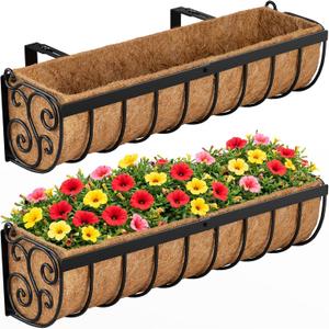 VOXOR Railing Planter Boxes, 24 Inch Window Boxes Planters, Balcony Planters with Adjustable Brackets & Coco Liner & Support Rod for Outdoor Fence, Deck, Porch, and Patio Gardening, 2 Pack