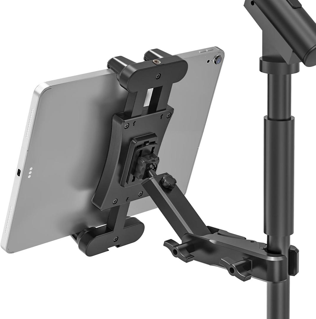iPad Holder for Mic Stand, Extendable iPad Mic Music Stand Mount Holder with C-Clamp, 360 Rotation Adjustable Tablet Microphone Mount Holder for All 4.7-13.5" Tablet & Smartphones