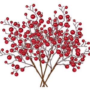 Hollyone 4 Pack Artificial Christmas Glitter Berries Stems, 19 Inch Fake Red Holly Berry Picks with Ice Snow for Christmas Tree Wreath Floral Arrangements Holiday Home Vase DIY Crafts Decor