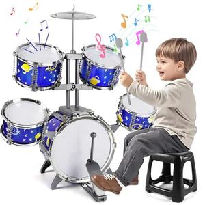 M SANMERSEN Upgraded Kids Jazz Drum Set Toddler Toy Drum Set with Stool, Plastic Rock Jazz Drum Kit Musical Toys Gift for Boys Girls 1-3 3-5