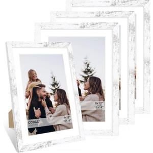 10x14 Picture Frame Set of 4, 10 x 14 Wood Photo Frames with Mat for 8x12 or 30x40cm Diamond Painting Art, Wooden Frame with Real Glass Cover for Wall and Tabletop Display,Distressed White