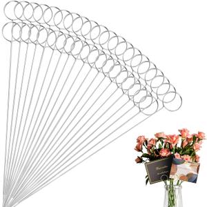 60 Pcs Metal Wire Floral Picks 13 Inch Wire Place Card Holder, Metal Table Name Number Clips Picture Stand, Round Photo Memo Flower Card Holder for Wedding Party Birthday Cake (Silver Round)